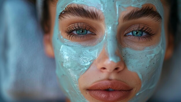 An isolated beauty woman is getting a facial mask on a gray background