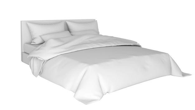 흰색 배경에 고립 된 침대, 흰색 배경에 침실 침대. 흰색 침대 절연, 3d 렌더링