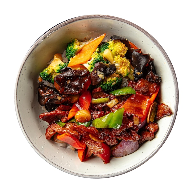 Isolated beef wok bowl with vegetables and rice