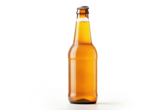 Isolated beer bottle with drops on white background