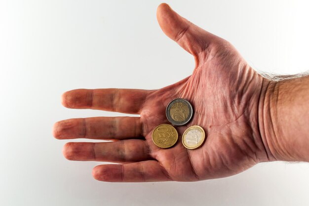 Isolated big hand with euro coins