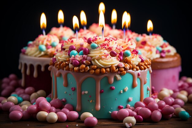 Isolated Birthday Cake with Candies and Candles