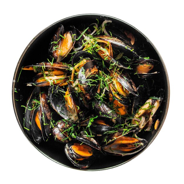 Isolated black bowl of cooked mussels