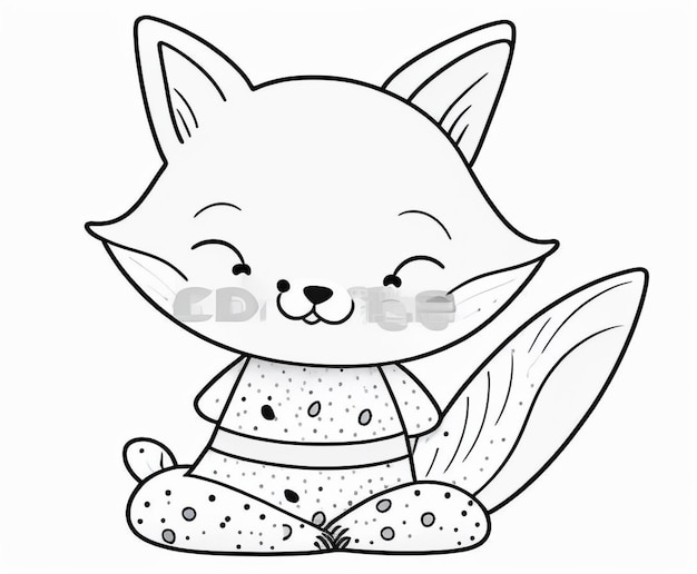 Isolated black outline and colorful cartoon fox cub on white background Sitting in lotus pose friendly fox Wild animal funny personage do yoga
