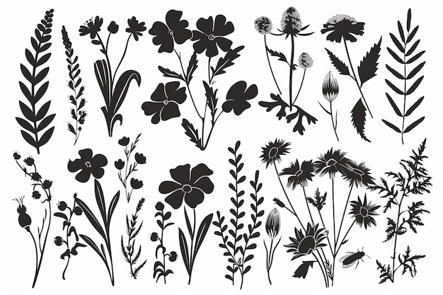 Isolated black silhouettes of plants flowers and herbs on a white background Hand drawn sketches of flowers and insects