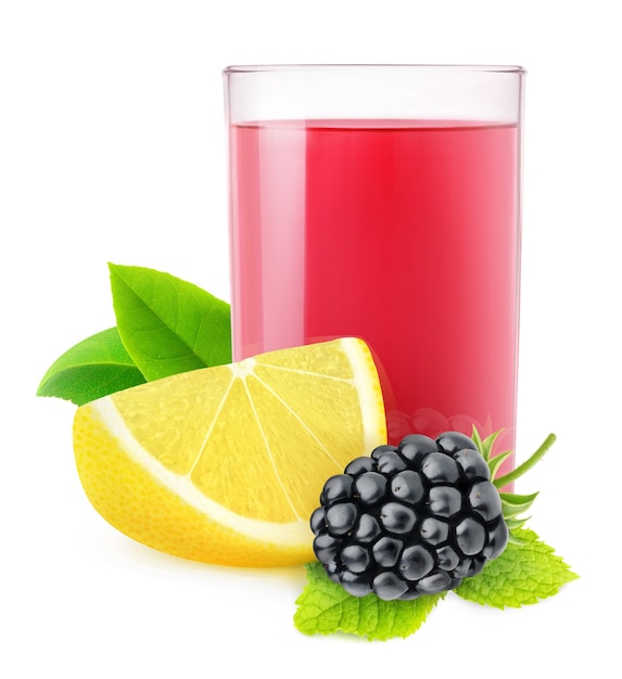 Isolated blackberry lemonade. Glass of blackberry and lemon drink isolated on white background