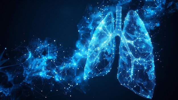 Isolated on blue background Low poly wireframe illustration of lung illness Concept of pulmonology and lung disease Polygonal abstract creative illustration Modern format