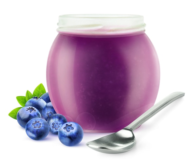 Photo isolated blueberry marmalade blueberry fruits and open jam jar isolated on white background