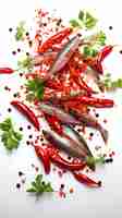 Photo isolated of bonito with roasted red peppers and oregano leaves floating photo fresh food front