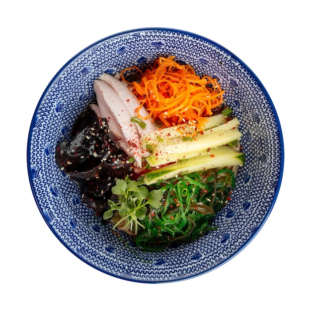 Isolated bowl of asian hiyashi chuka cold ramen