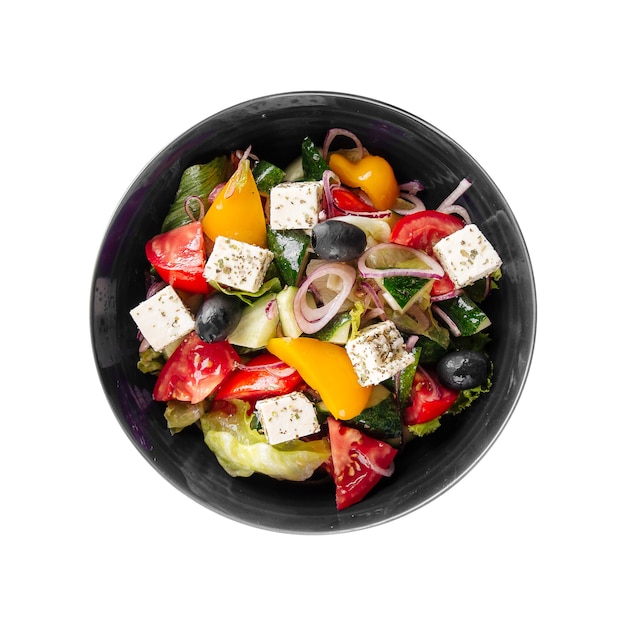 Isolated bowl of fresh greek salad on white