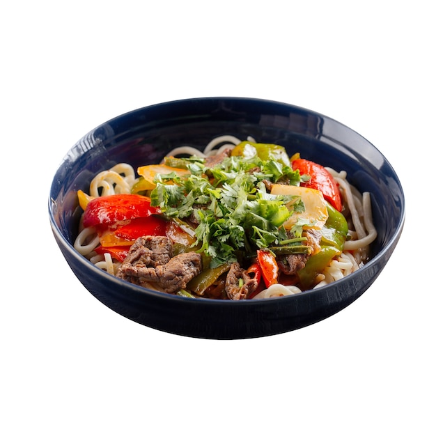 Isolated bowl of oriental lagman noodles dish