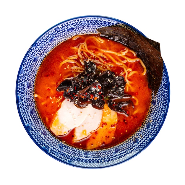 Isolated bowl of spicy miso chili ramen