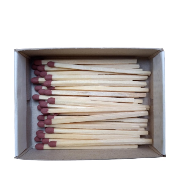 Isolated box of match sticks with sulphur red tip in a cardboard box on empty background