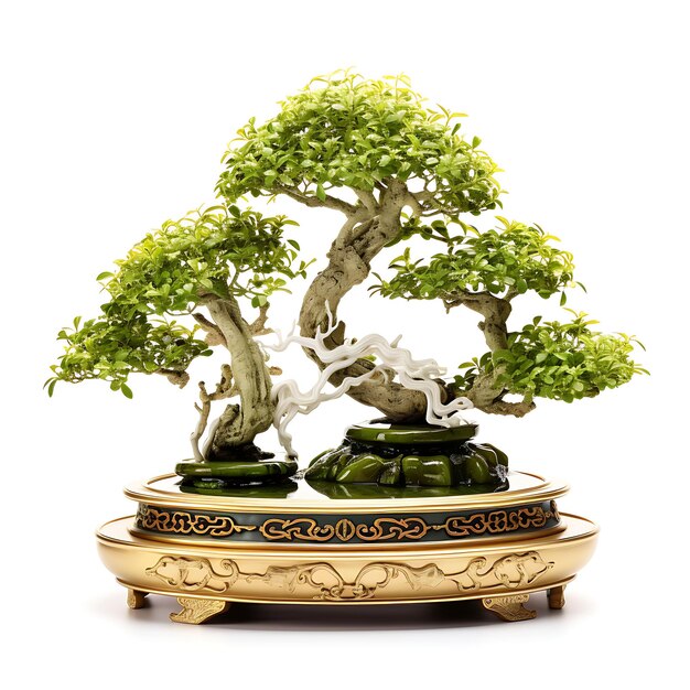 Isolated Boxwood Bonsai Tree Marble Pot Kleine ovale bladeren Klassieke C op wit BG Japan Chinese kunst