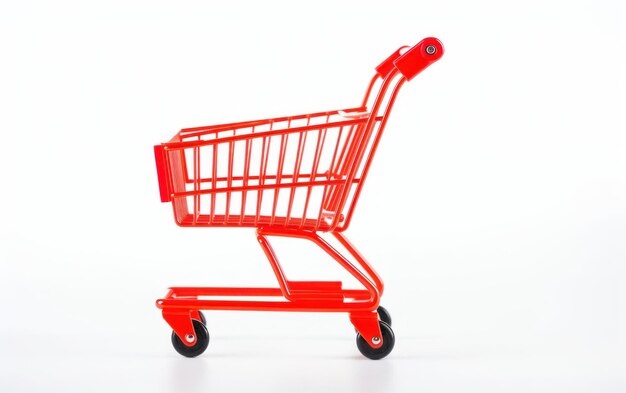 An isolated bright red shopping cart on a clean white backdrop