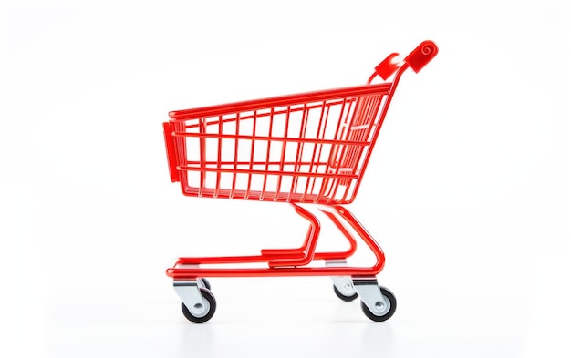 An isolated bright red shopping cart on a clean white backdrop