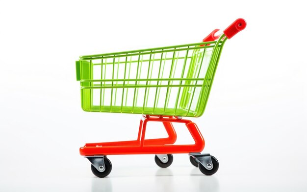 An isolated bright red shopping cart on a clean white backdrop