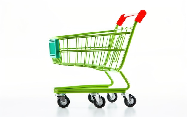 An isolated bright red shopping cart on a clean white backdrop