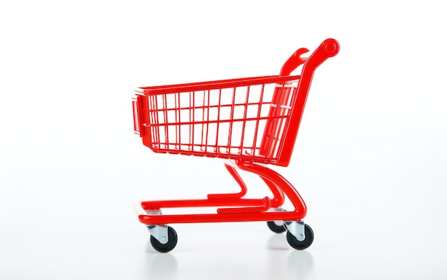 An isolated bright red shopping cart on a clean white backdrop