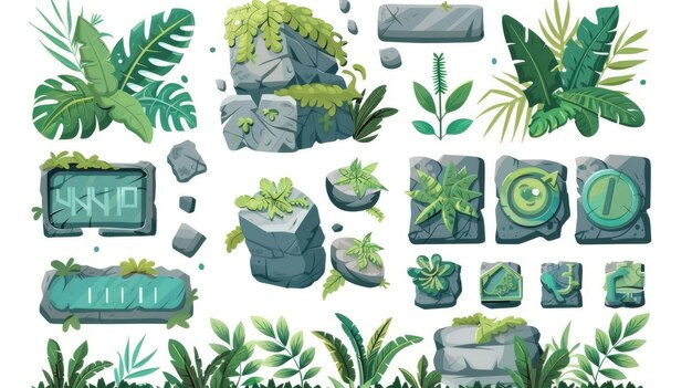 Isolated cartoon illustration of jungle adventure game buttons set with play continue options and exit buttons sound bar equalizer and stone board with tropical plants