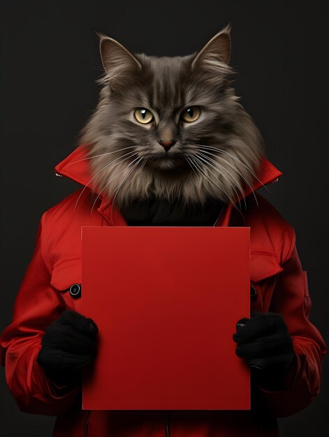 Photo isolated cat holding a blank sign with paws while standing upright and looking at camera