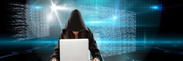 Photo isolated caucasian woman typing on laptop, wearing black sweet, with digital blue blackboard. digitally generate image