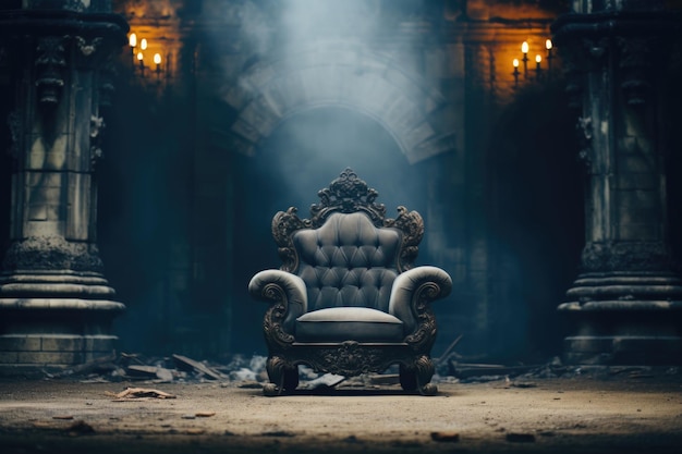 Photo isolated chair in abandoned setting a lone chair in an empty room surrounded by neglected walls capturing the essence of isolation