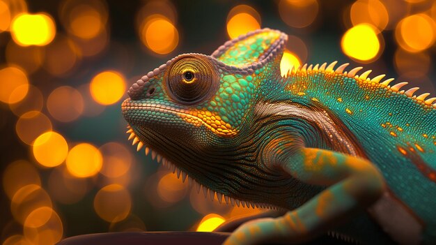 Photo isolated chameleon with yellow lights in the background wallpaper