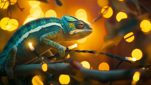 Photo isolated chameleon with yellow lights in the background wallpaper