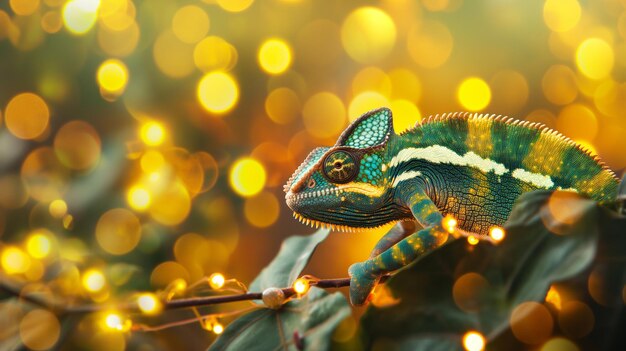 Photo isolated chameleon with yellow lights in the background wallpaper