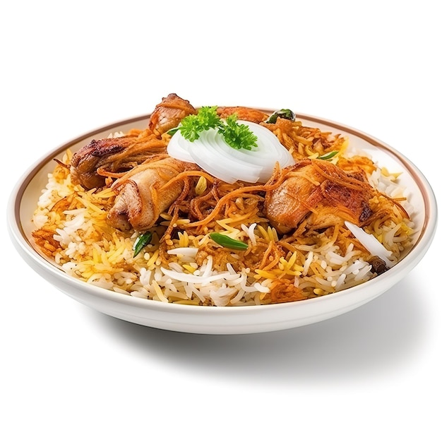 Isolated chicken biryani Traditional indian food Spicy fried rice Ramadan iftar meal Eid dinner