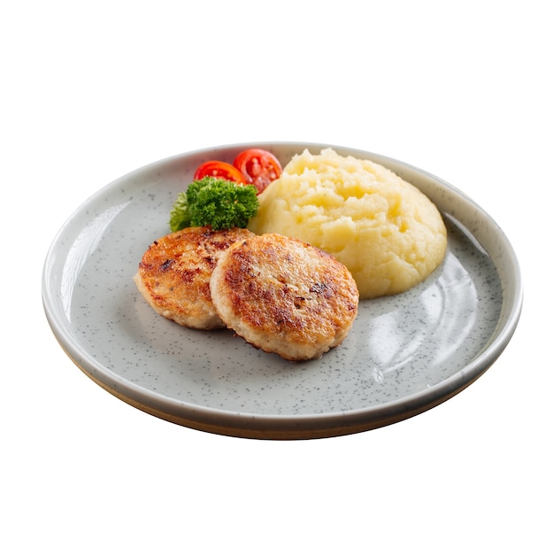 Isolated chicken cutlet with mashed potatoes