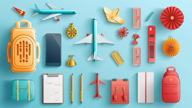 Isolated Chinese new year traveling elements set on a light blue background Includes a phone tickets airplane notepad firecrackers gold coins a backpack and a suitcase