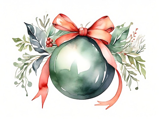 Isolated Christmas ball with greenery and ribbon in soft watercolor decorative art style