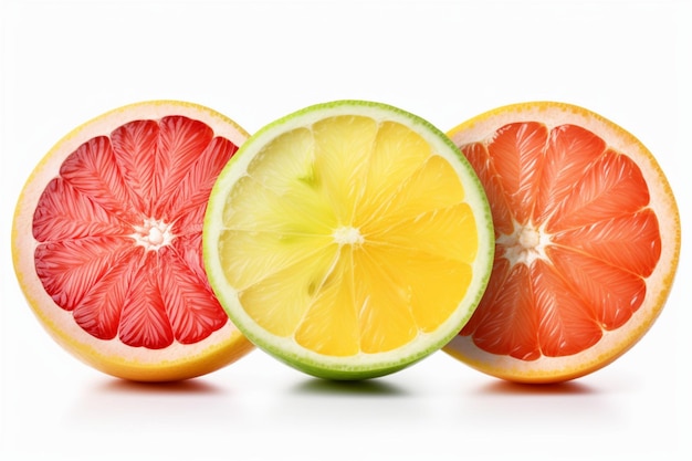 Isolated citrus slices Fresh fruits cut in half orange pink grapefruit lime lemon in a row isolated