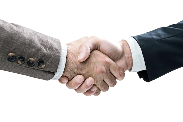 Isolated close up portrait of two businessmen shaking hands. They are wearing good suits and are eager to collaborate. Concept of business relations.