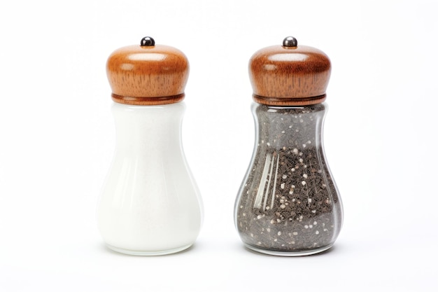 An isolated closeup of a glass salt and pepper shaker set against a white background showcasing essential kitchen condiments