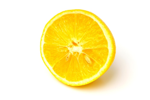 Isolated closeup of a slice of lemon on a white background