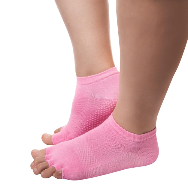 Isolated closeup woman wearing yoga socks with open toes