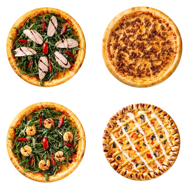 Isolated collage of various types of pizza