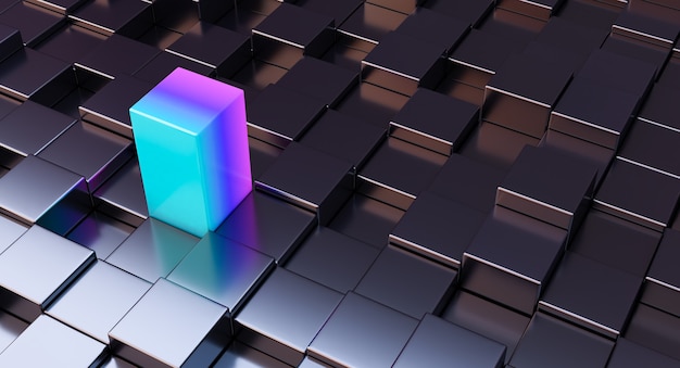 Isolated colorful cube block among other black ones. 3d render