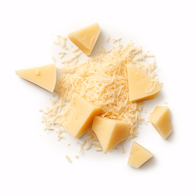 Isolated crumbly parmesan chunks viewed from a high angle