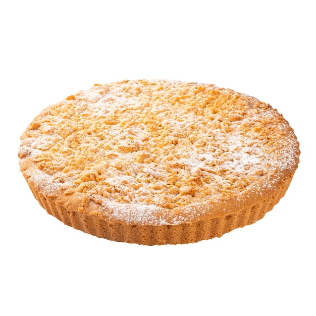 Isolated curd pie with powdered sugar on the white surface