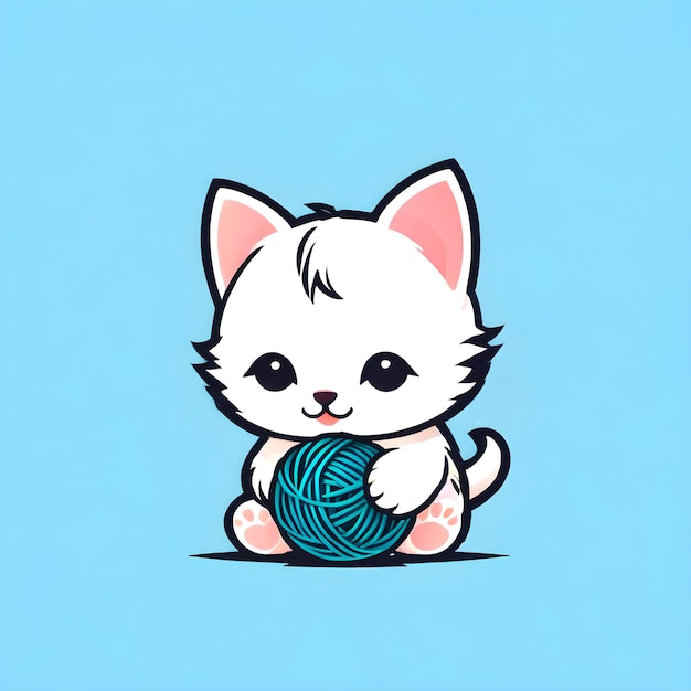 Isolated cute cartoon kitten with a ball of yarn 2D