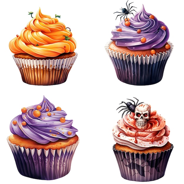 Isolated cute spooky cupcakes watercolor style