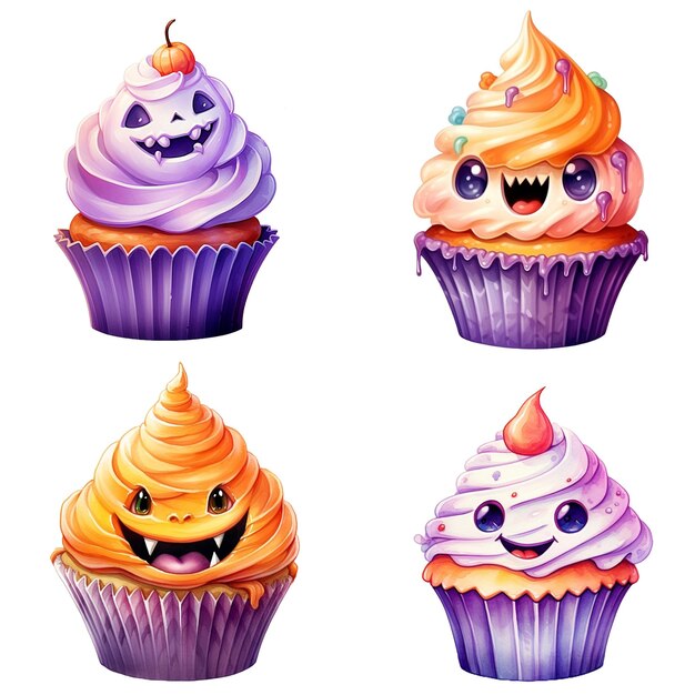 Isolated cute spooky cupcakes watercolor style