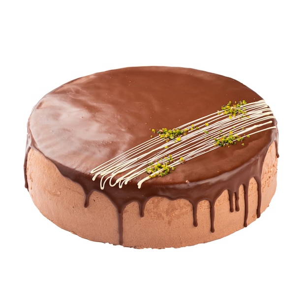 Isolated decorated chocolate cake on the white surface