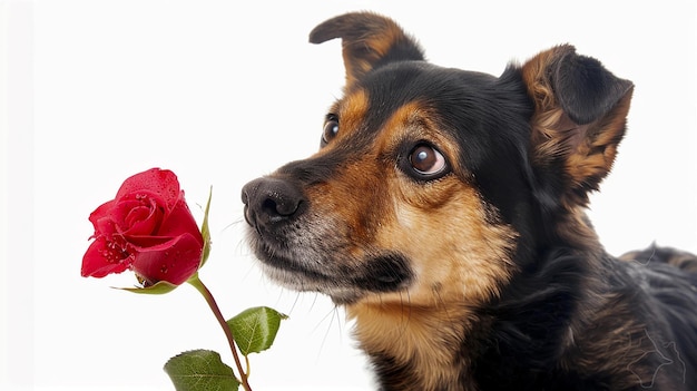 isolated dog a dog is holding a red rose on a white bacground day of the dog concept