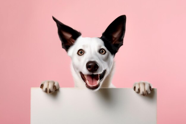 Isolated dog holding white background advertising frame with space for text AI generated